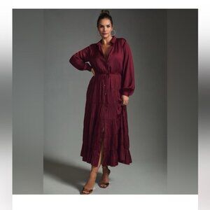 Anthropologie Tiered Button-Front Dress small Burgundy